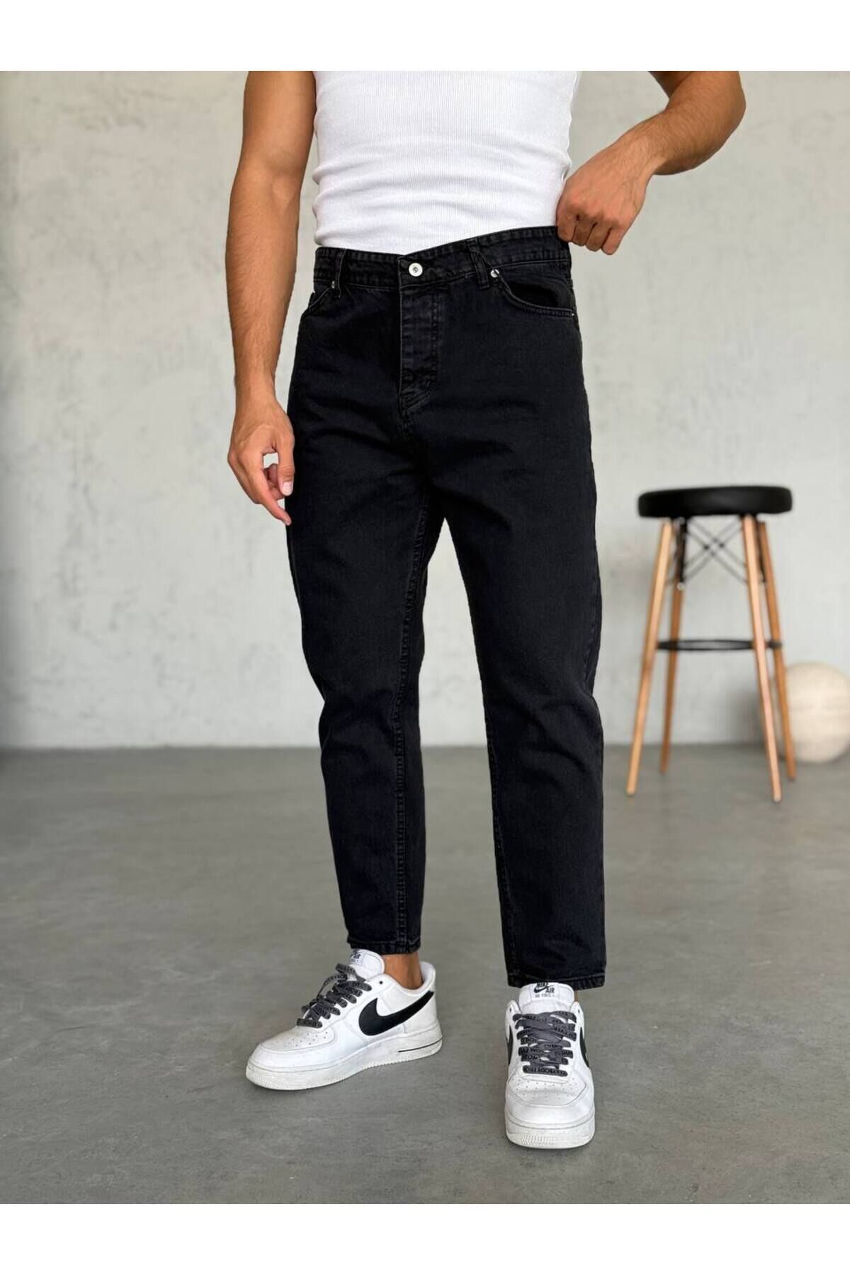 Erkek Boyfriend Yüksek Bel Bilek Boy Kot Pantolon Eskitme Siyah - 33