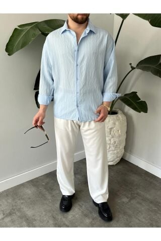 Erkek Oversize Uzun Kollu Çİzgili Gömlek Mavi - M