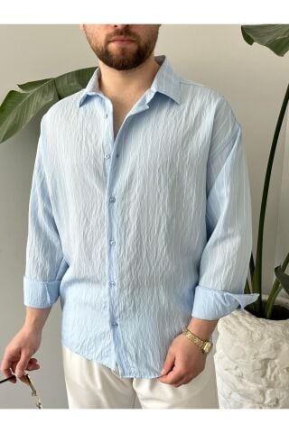 Erkek Oversize Uzun Kollu Çİzgili Gömlek Mavi - M