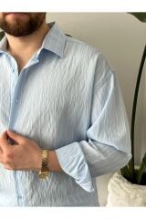 Erkek Oversize Uzun Kollu Çİzgili Gömlek Mavi - M