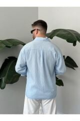 Erkek Oversize Uzun Kollu Çİzgili Gömlek Mavi - M