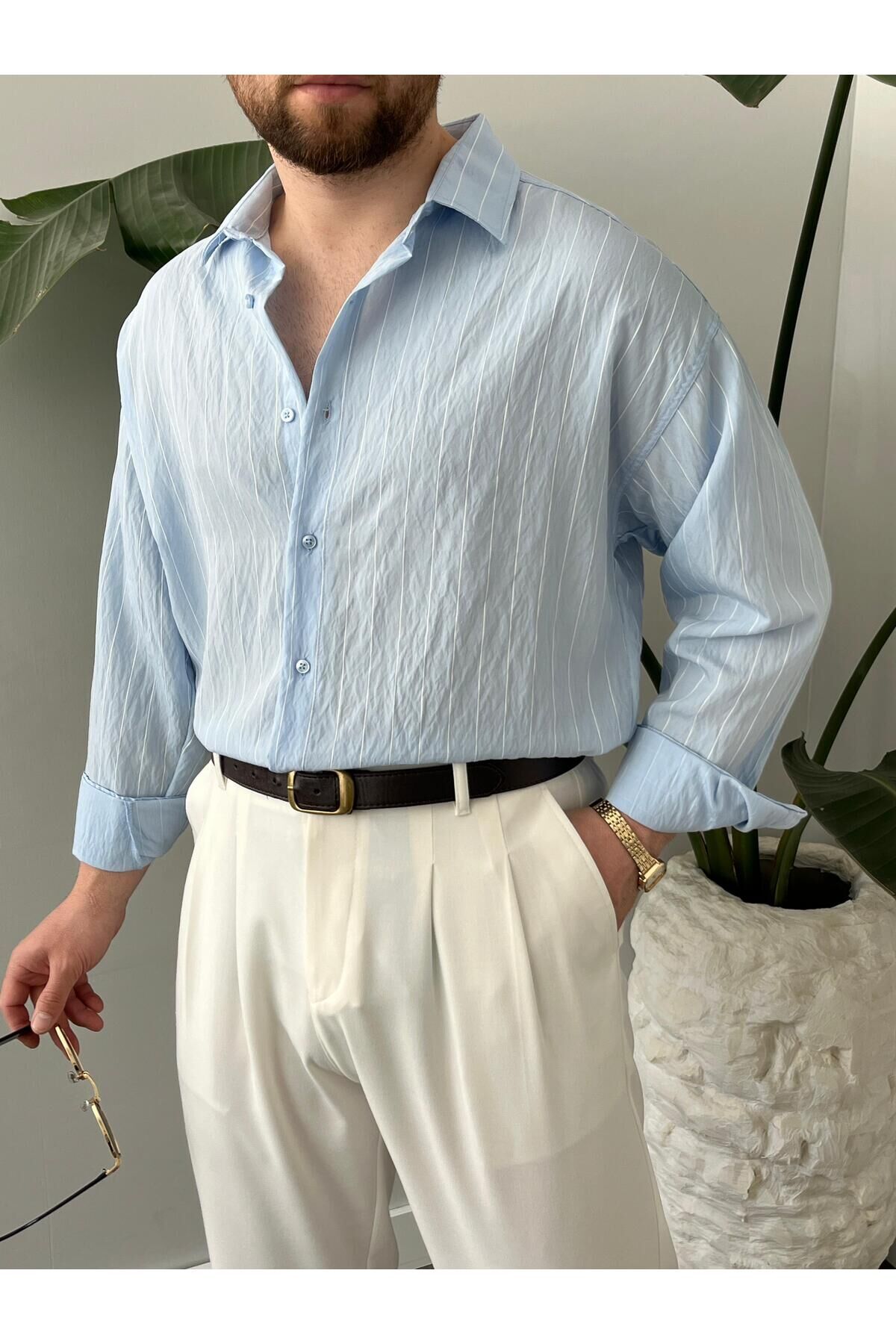 Erkek Oversize Uzun Kollu Çİzgili Gömlek Mavi - M