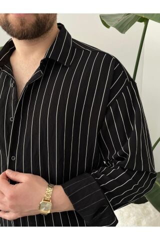 Erkek Oversize Uzun Kollu Çİzgili Gömlek Siyah - M