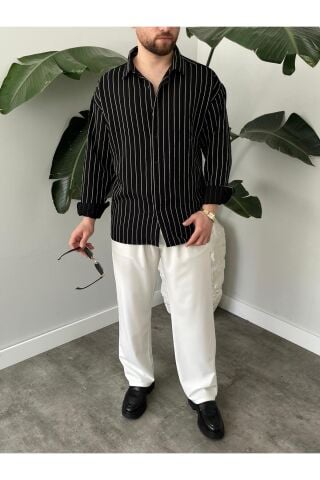 Erkek Oversize Uzun Kollu Çİzgili Gömlek Siyah - M