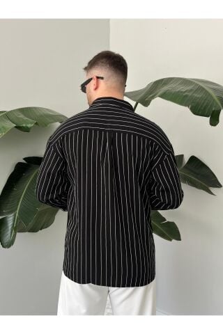 Erkek Oversize Uzun Kollu Çİzgili Gömlek Siyah - M