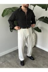 Erkek Oversize Uzun Kollu Çİzgili Gömlek Siyah - M
