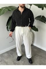 Erkek Oversize Uzun Kollu Çİzgili Gömlek Siyah - M