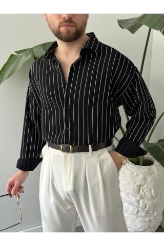 Erkek Oversize Uzun Kollu Çİzgili Gömlek Siyah - M