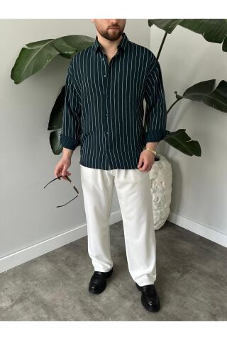 Erkek Oversize Uzun Kollu Çİzgili Gömlek Lacivert - S