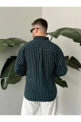 Erkek Oversize Uzun Kollu Çİzgili Gömlek Lacivert - S