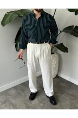 Erkek Oversize Uzun Kollu Çİzgili Gömlek Lacivert - S