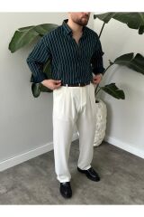 Erkek Oversize Uzun Kollu Çİzgili Gömlek Lacivert - S