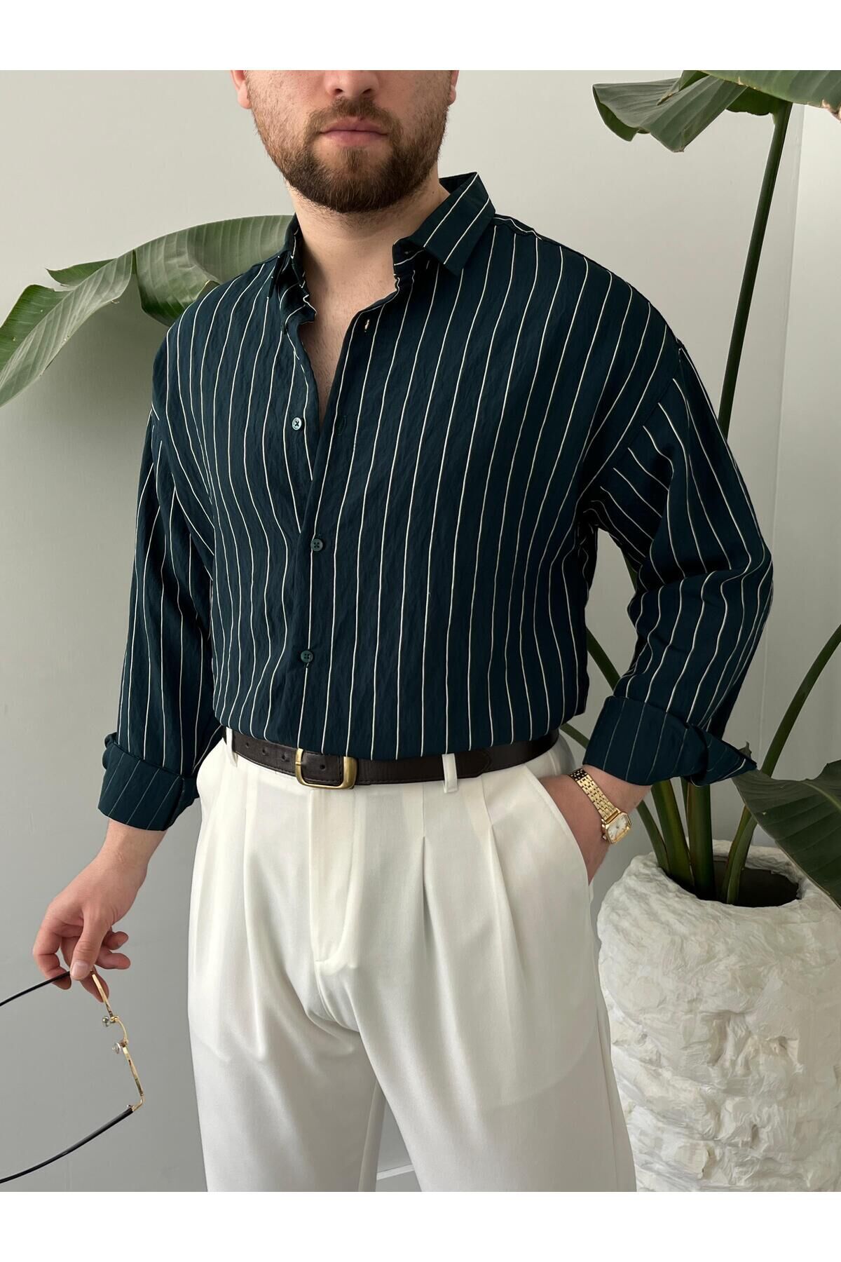 Erkek Oversize Uzun Kollu Çİzgili Gömlek Lacivert - S