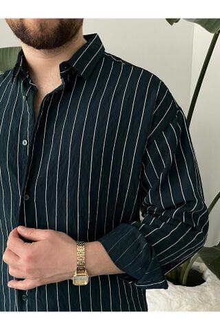 Erkek Oversize Uzun Kollu Çİzgili Gömlek Lacivert - L