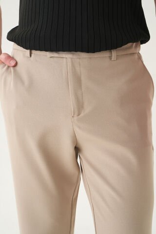 Lastikli Bel Düz Kumaş | Slimfit Erkek Pantolon Krem - M