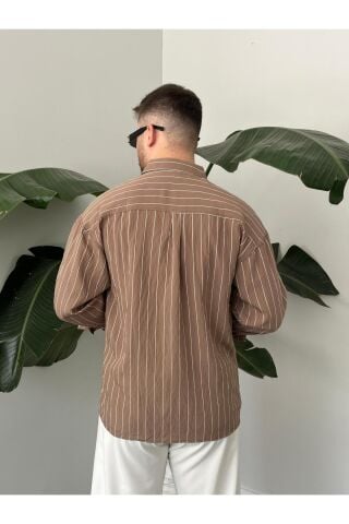 Erkek Oversize Uzun Kollu Çİzgili Gömlek Kahverengi - S