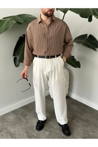 Erkek Oversize Uzun Kollu Çİzgili Gömlek Kahverengi - S