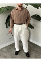 Erkek Oversize Uzun Kollu Çİzgili Gömlek Kahverengi - S