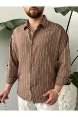 Erkek Oversize Uzun Kollu Çİzgili Gömlek Kahverengi - S