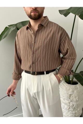 Erkek Oversize Uzun Kollu Çİzgili Gömlek Kahverengi - S