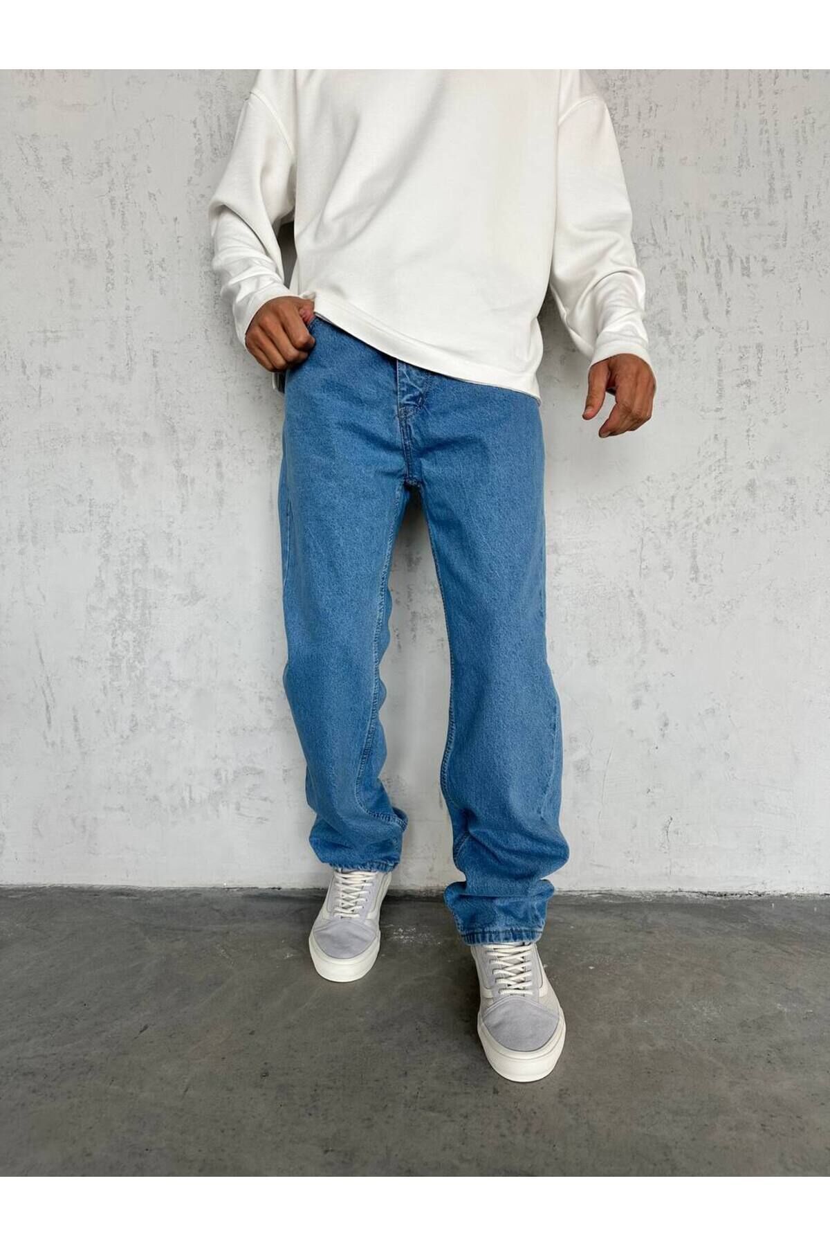 Erkek Baggy Geniş Kalıp Uzun Geniş Yüksek Bel Kot Pantolon Mavi - 30