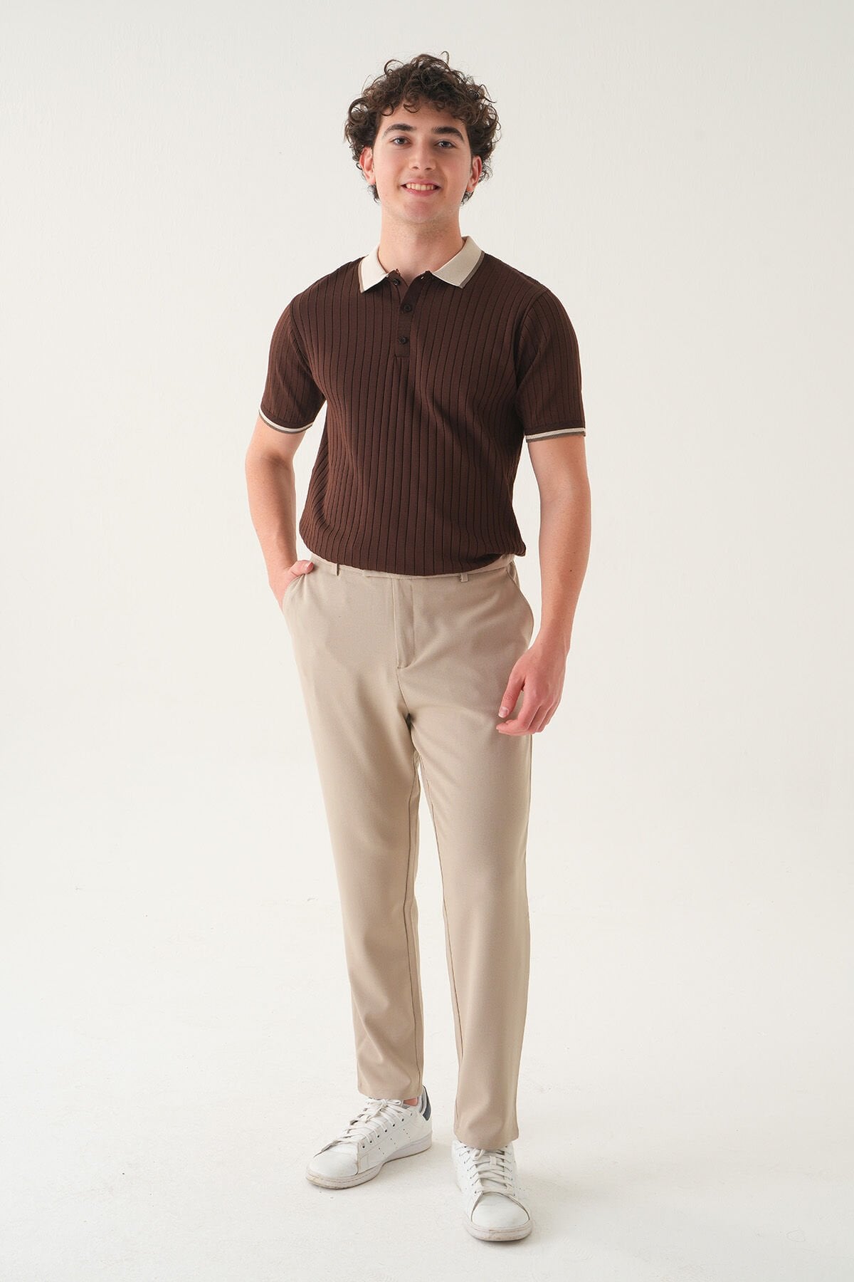 Lastikli Bel Düz Kumaş | Slimfit Erkek Pantolon Krem - XL