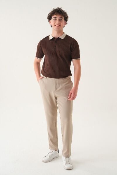 Lastikli Bel Düz Kumaş | Slimfit Erkek Pantolon Krem - XL