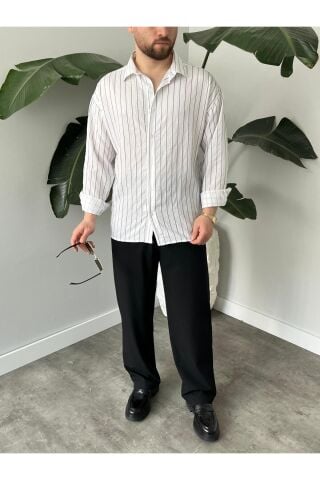 Erkek Oversize Uzun Kollu Çİzgili Gömlek Beyaz - M
