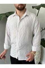 Erkek Oversize Uzun Kollu Çİzgili Gömlek Beyaz - M