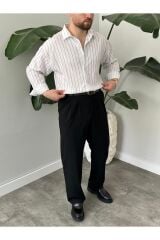Erkek Oversize Uzun Kollu Çİzgili Gömlek Beyaz - M