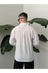 Erkek Oversize Uzun Kollu Çİzgili Gömlek Beyaz - M