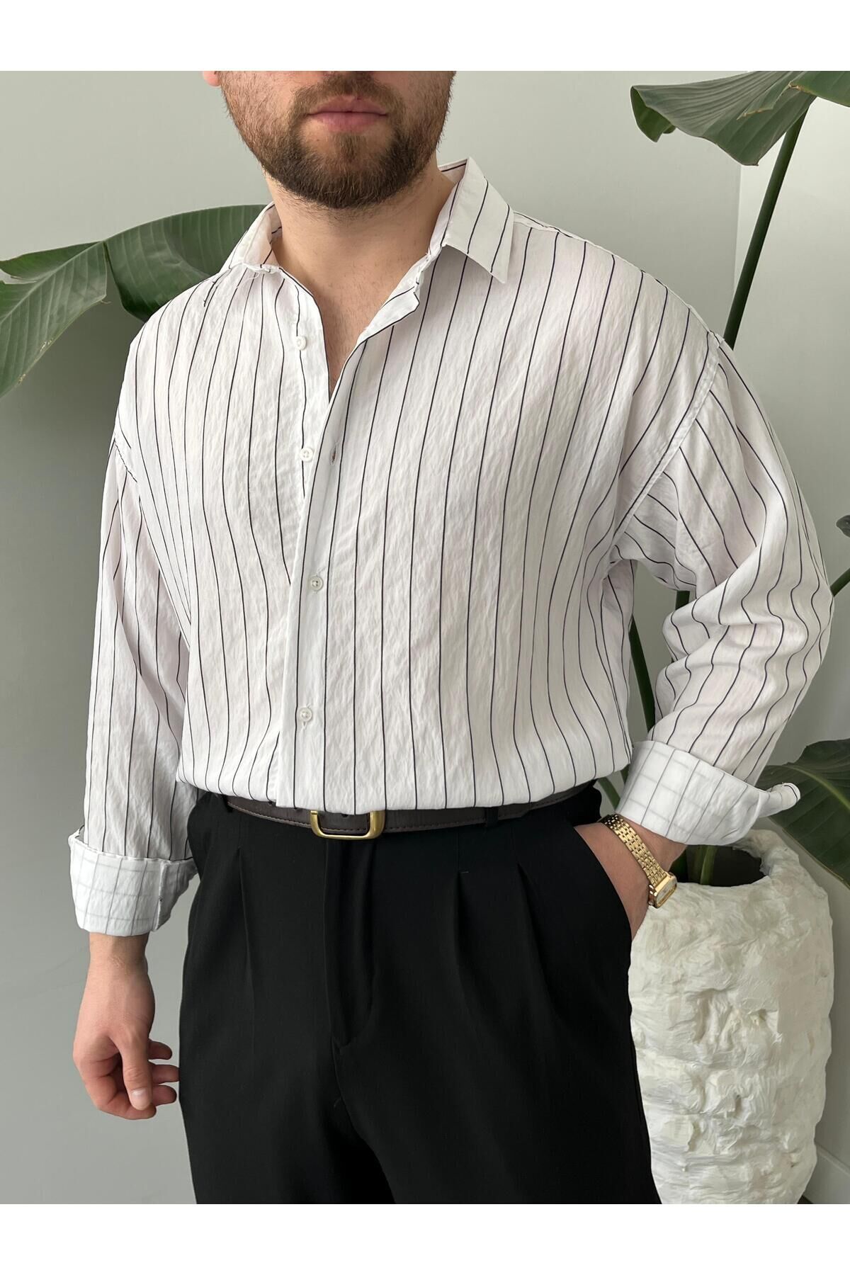 Erkek Oversize Uzun Kollu Çİzgili Gömlek Beyaz - M