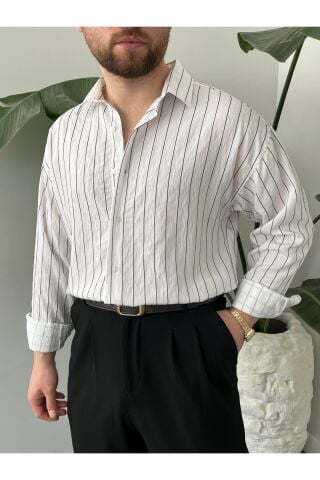 Erkek Oversize Uzun Kollu Çİzgili Gömlek Beyaz - M