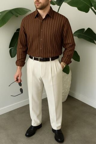 Erkek Oversize Uzun Kollu Çİzgili Gömlek Acı Kahverengi - XL