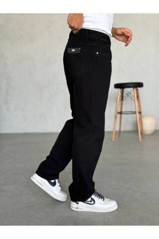 Erkek Baggy Geniş Kalıp Uzun Geniş Yüksek Bel Kot Pantolon Eskitme Siyah - 33