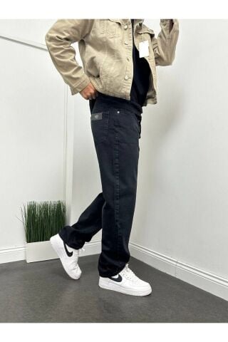 Erkek Baggy Geniş Kalıp Uzun Geniş Yüksek Bel Kot Pantolon Eskitme Siyah - 33