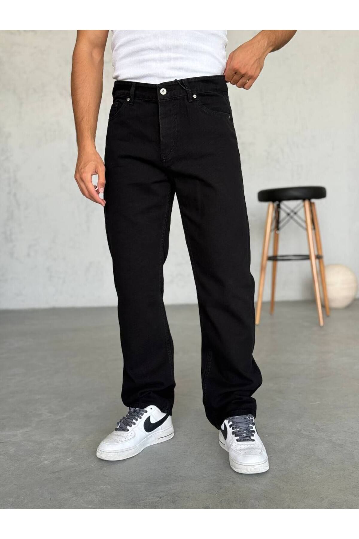 Erkek Baggy Geniş Kalıp Uzun Geniş Yüksek Bel Kot Pantolon Eskitme Siyah - 33