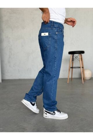 Erkek Baggy Geniş Kalıp Uzun Geniş Yüksek Bel Kot Pantolon Lacivert - 34
