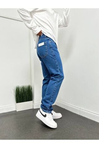 Erkek Baggy Geniş Kalıp Uzun Geniş Yüksek Bel Kot Pantolon Lacivert - 34