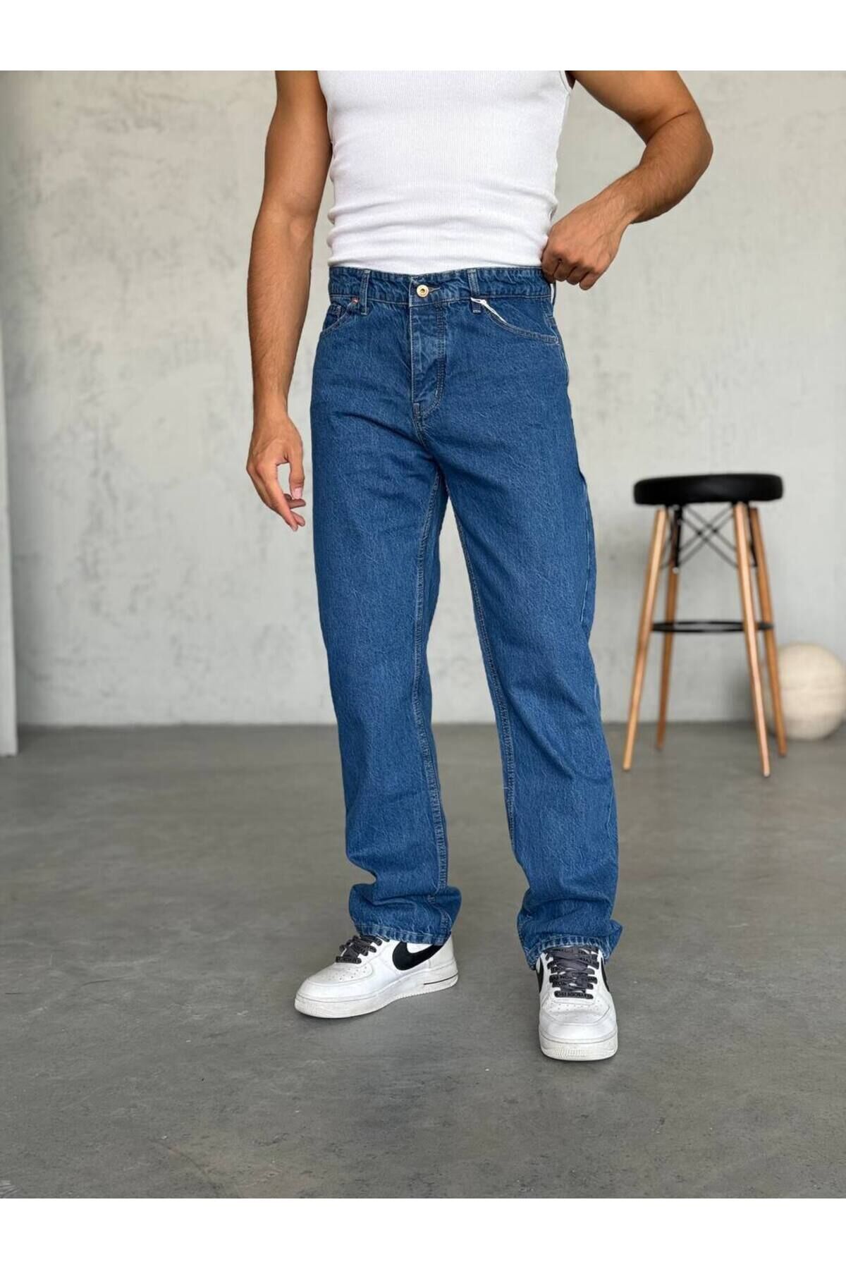 Erkek Baggy Geniş Kalıp Uzun Geniş Yüksek Bel Kot Pantolon Lacivert - 34