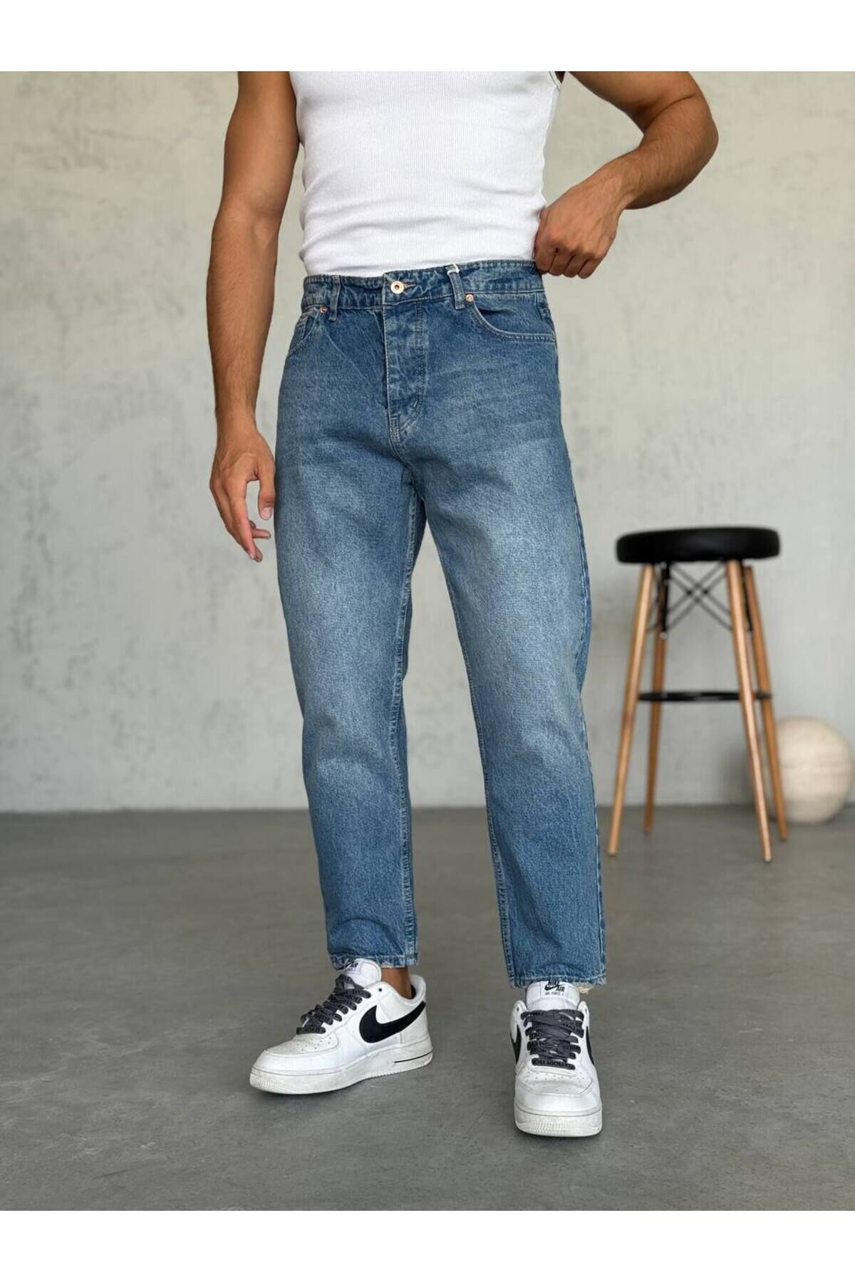 Erkek Boyfriend Yüksek Bel Rahat Kalıp Bilek Boy Pantolon Lacivert - 30