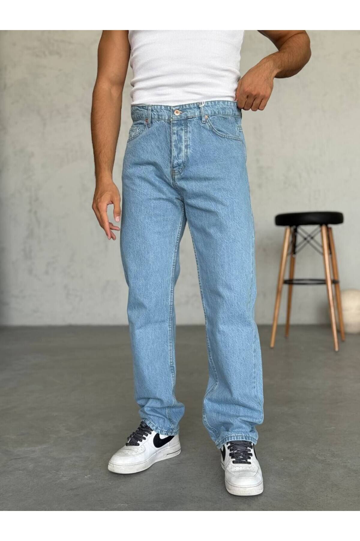 Erkek Baggy Geniş Kalıp Uzun Geniş Yüksek Bel Kot Pantolon Buz Mavi - 30