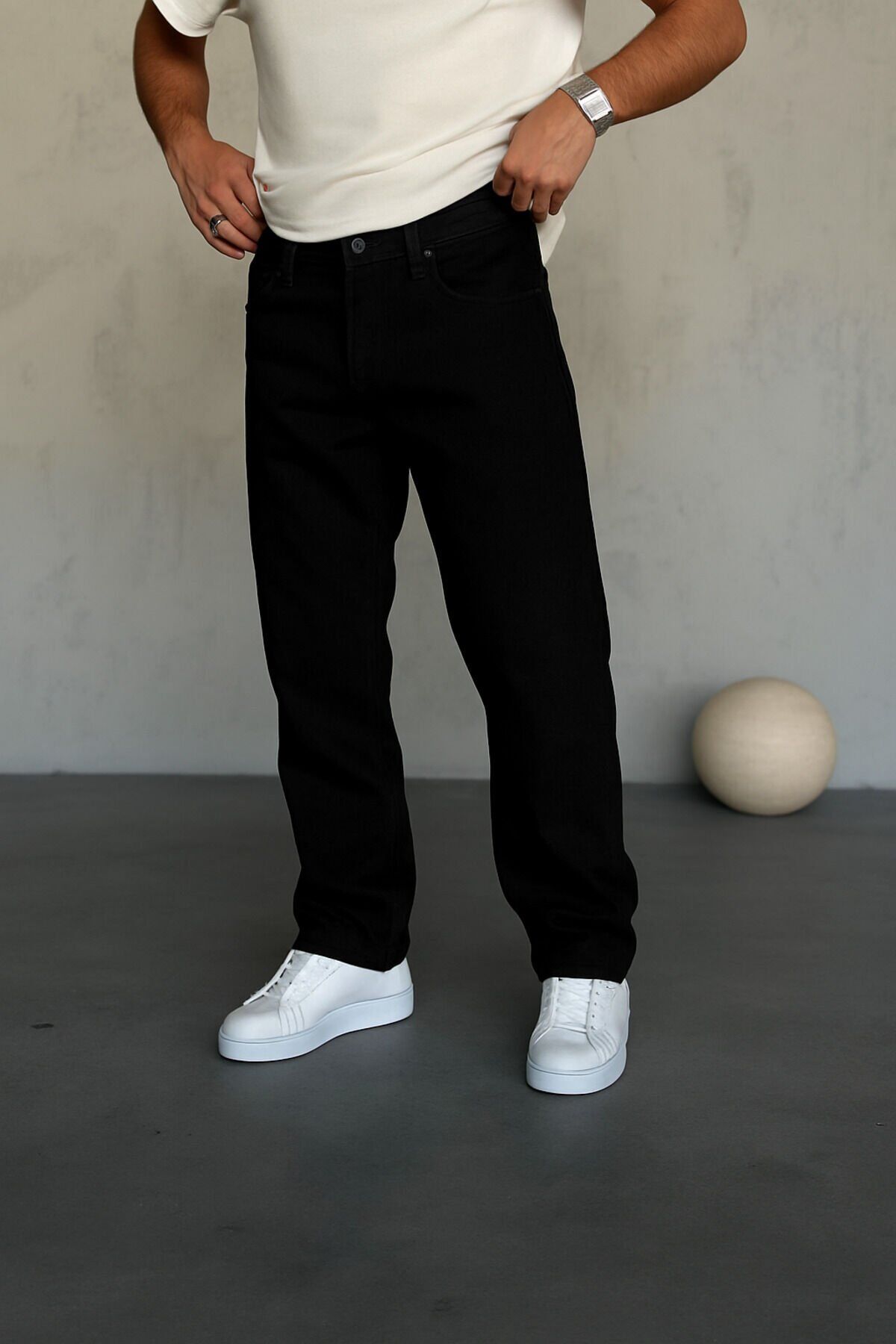 Erkek Baggy Geniş Kalıp Uzun Geniş Yüksek Bel Kot Pantolon Siyah - 29