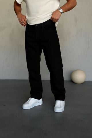 Erkek Baggy Geniş Kalıp Uzun Geniş Yüksek Bel Kot Pantolon Siyah - 29