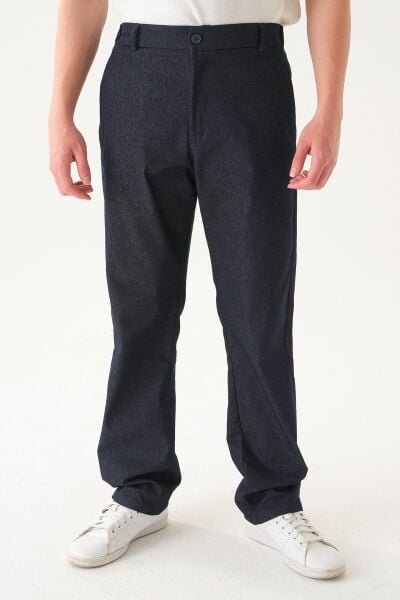 Lastikli  Bel Kendinden Desenli Kumaş | Baggy Erkek Pantolon Laci̇vert - XL