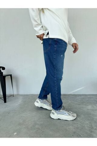 Erkek Rahat Kalıp Boyfriend Kot Pantolon Baskılı Lacivert - 36