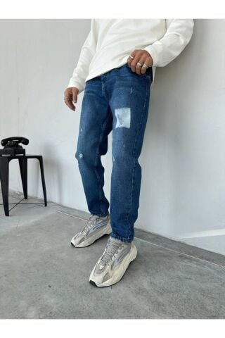 Erkek Rahat Kalıp Boyfriend Kot Pantolon Baskılı Lacivert - 36