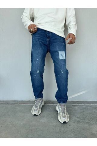 Erkek Rahat Kalıp Boyfriend Kot Pantolon Baskılı Lacivert - 36