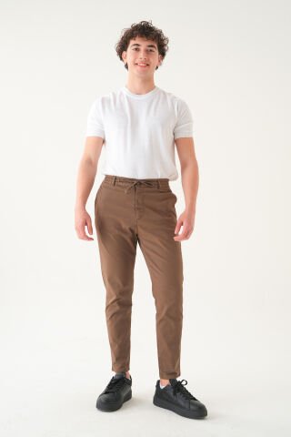 Likralı İpli Gabardin Kumaş | Slim Fit Erkek Pantolon Taba - M