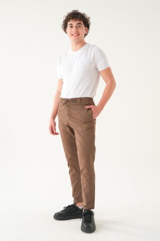 Likralı İpli Gabardin Kumaş | Slim Fit Erkek Pantolon Taba - M